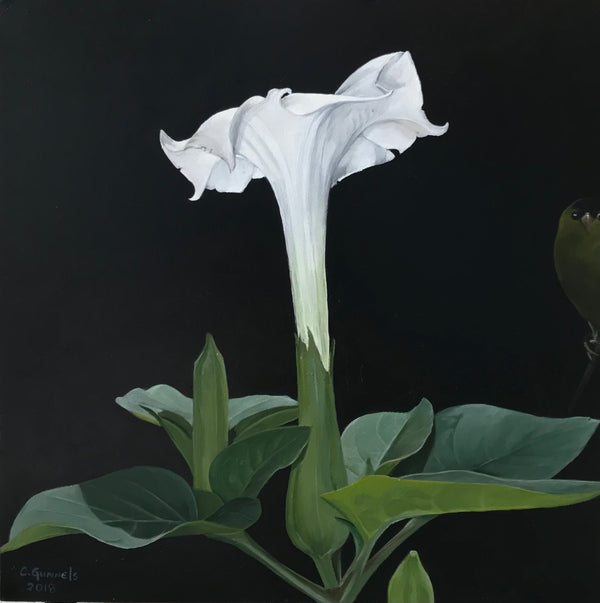 Datura with Yellow Goldfinch, Original Oil Painting