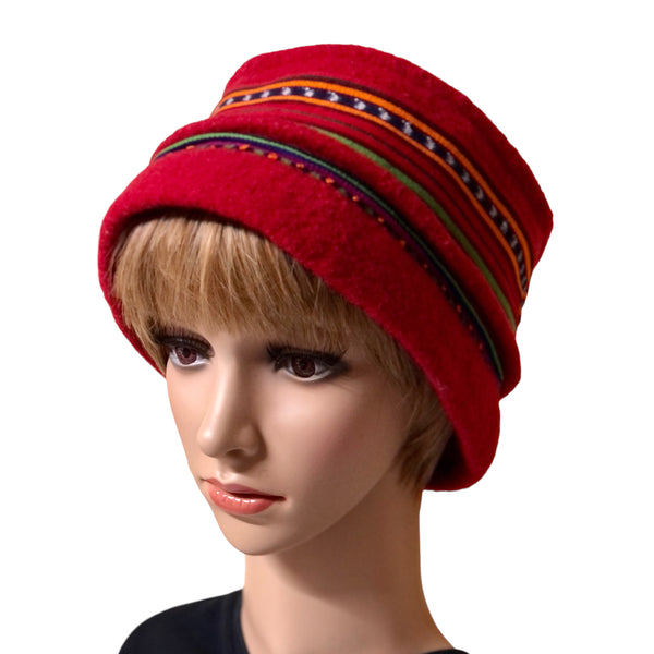 Red wool hat with ribbon