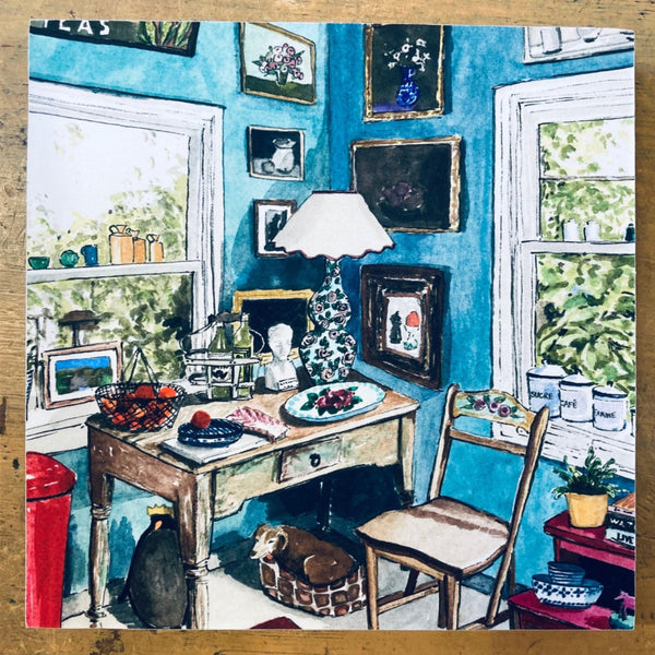 Watercolor Block - Teal Room with Dog 