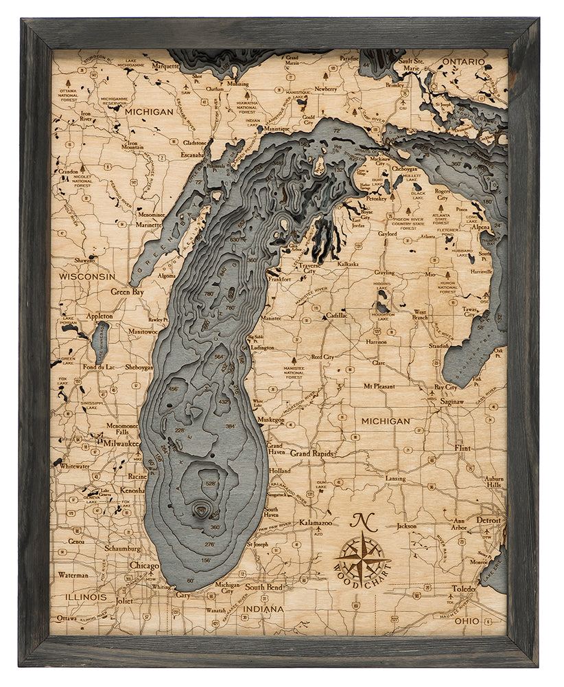 Lake Michigan Small Wood Chart Map
