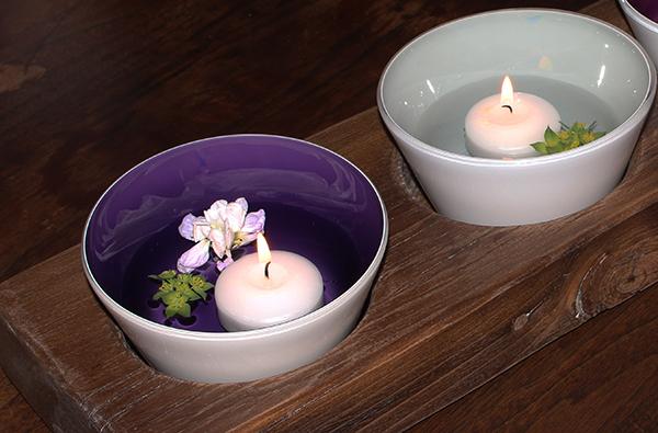 Hyacinth purple and Light Grey handblown small glass bowls with floating candles in a wood tray. Made in the USA from Serve Kindness  
