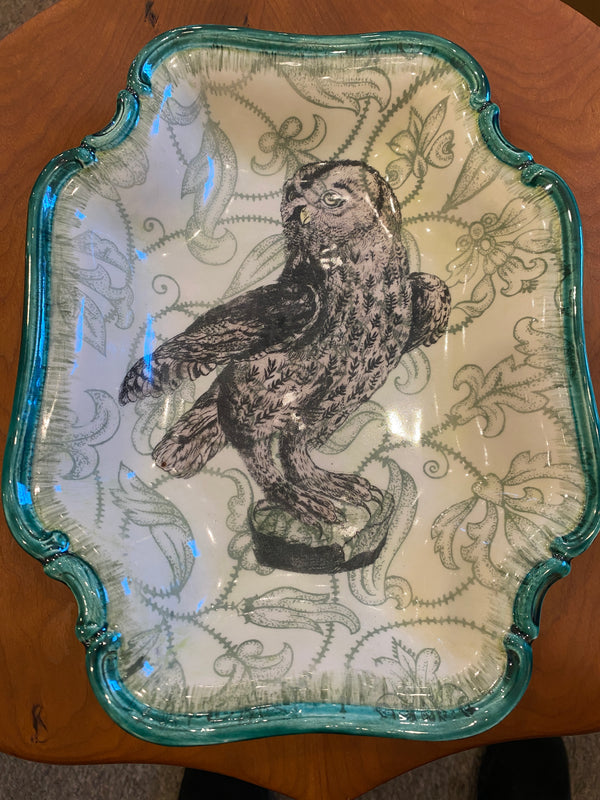 Oblong serving dish with owl and green pattern