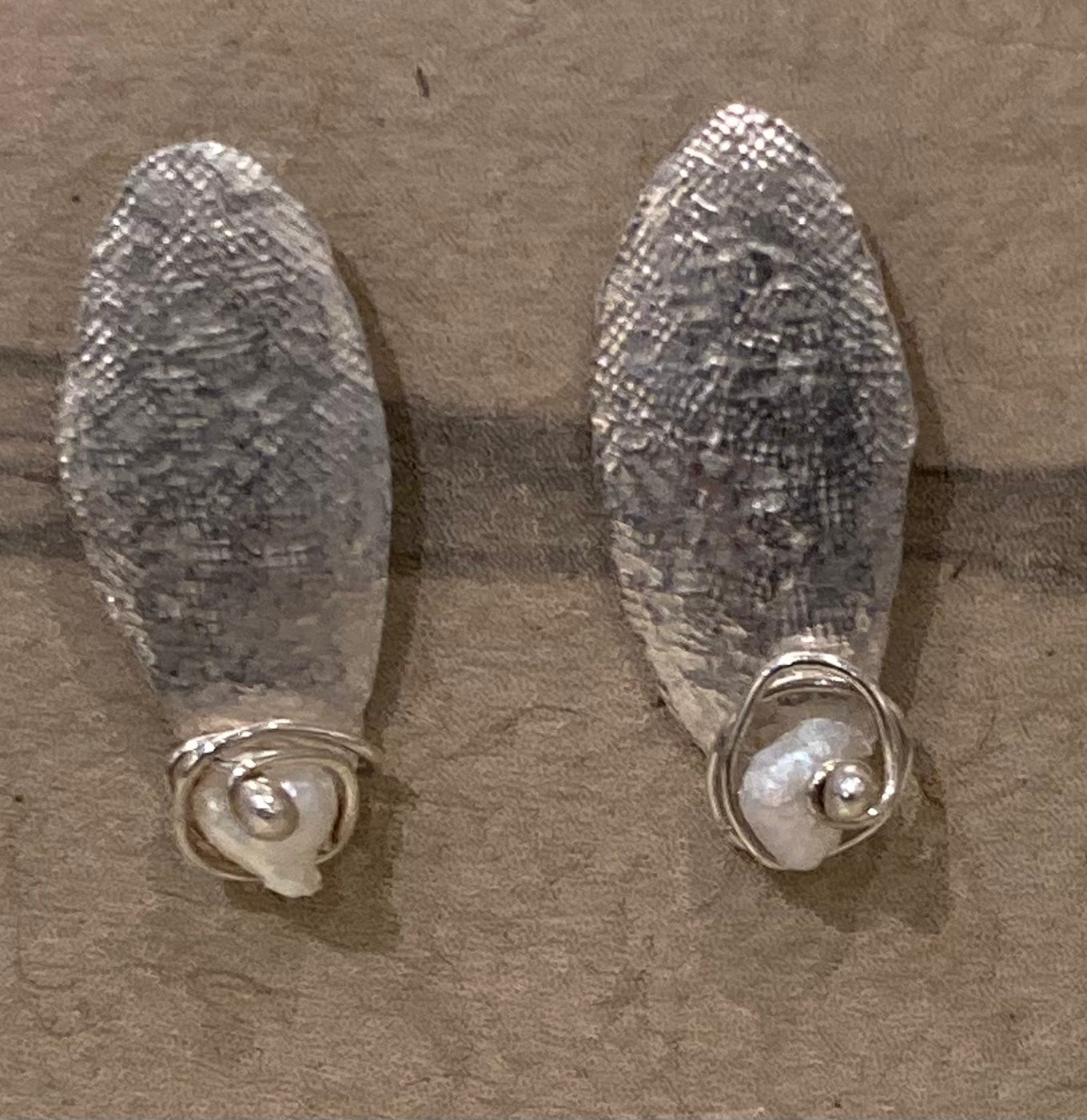 Sterling Silver Textured Teardrop Earrings with Pearls by Diana Arvanites