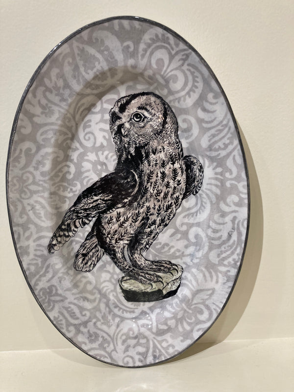 Oval serving dish with owl and gray pattern