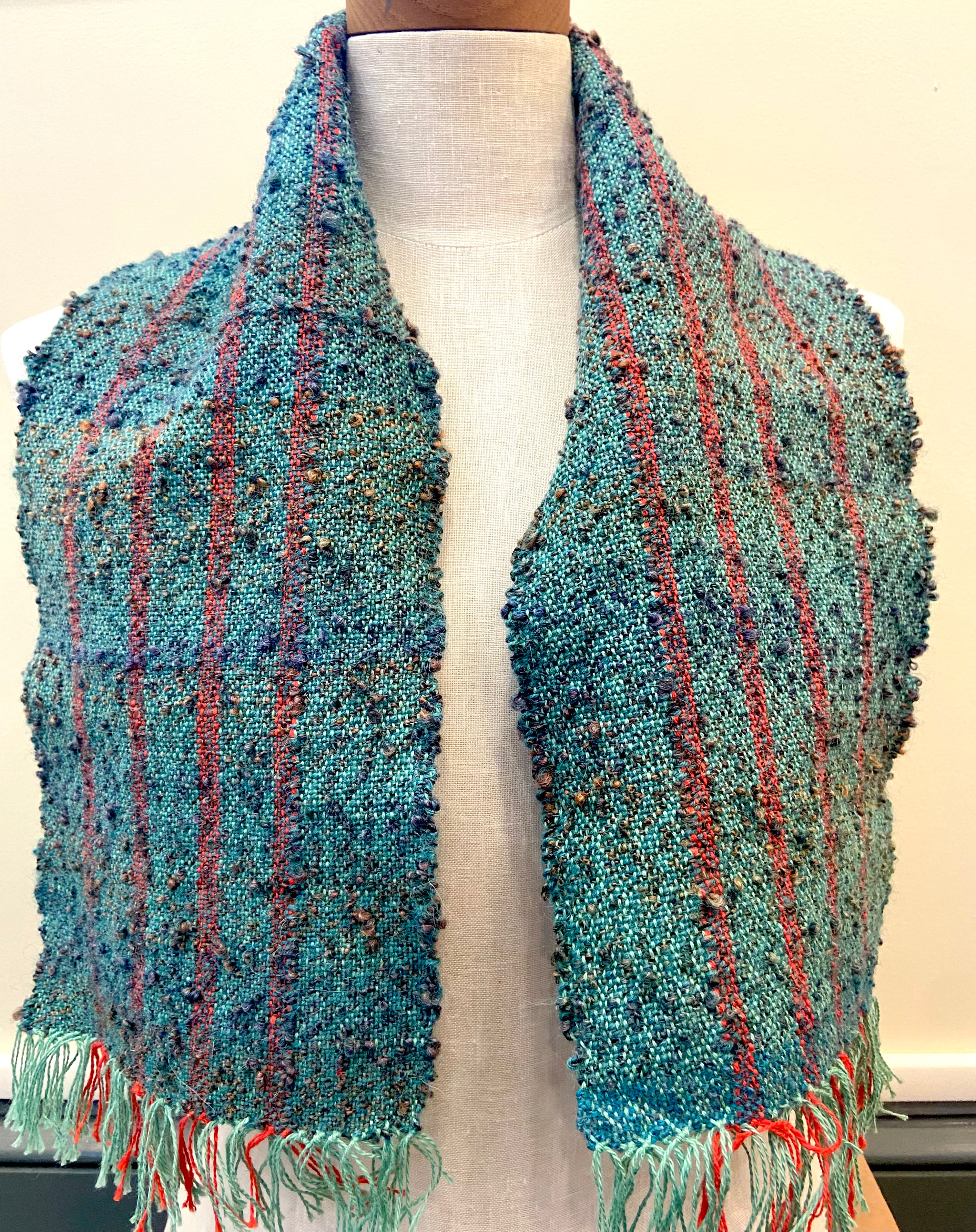 Aqua and Red Stripe Handwoven Scarf by Dannie Engwert