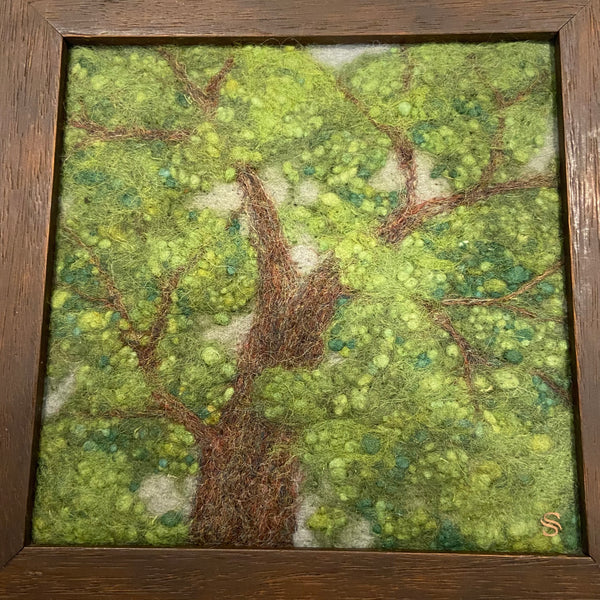 Looking Up - Green Tree, Original Felted Wool Painting