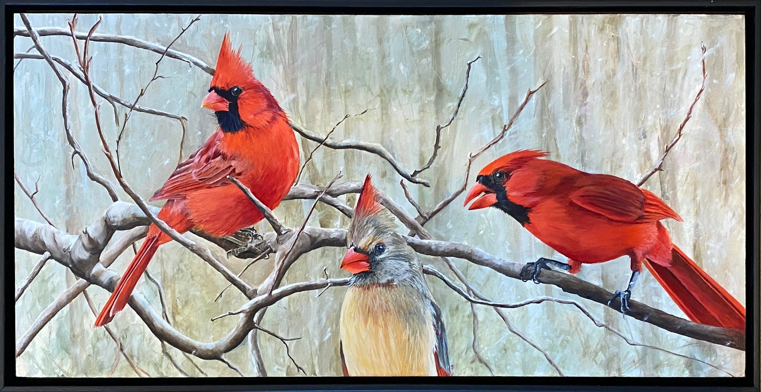 Three Cardinals in Snow: Original Oil Painting