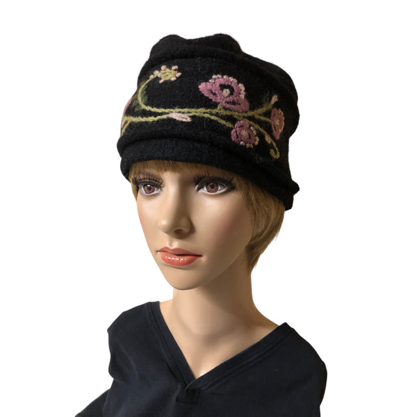 Black wool hat with embroidery