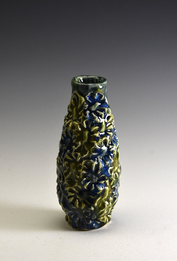 Textured small vase in blue, green and olive