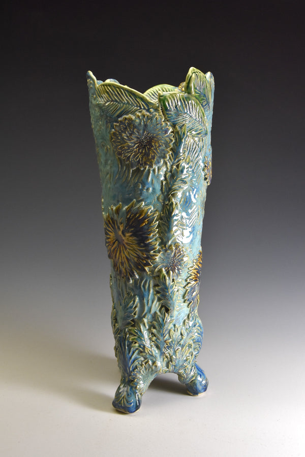 Large Vase w Tripod Foot.  Aquas, blues and greens