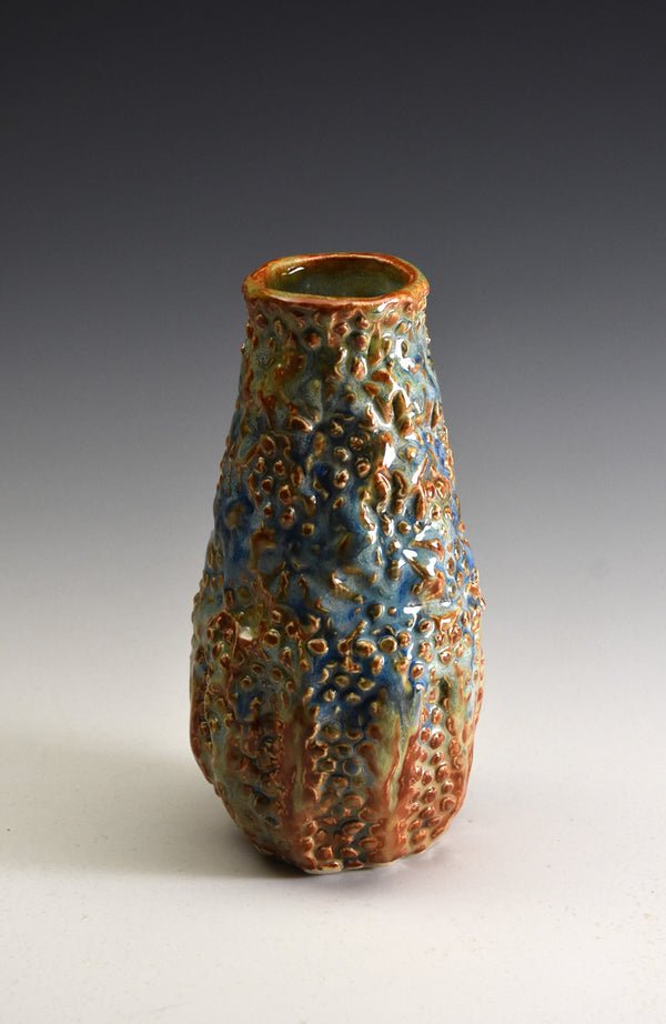 Textured Med vase in blue, green and caramel