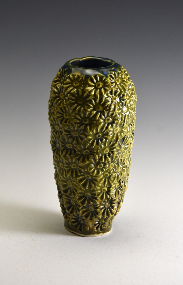 Textured vase with olive and blue rim