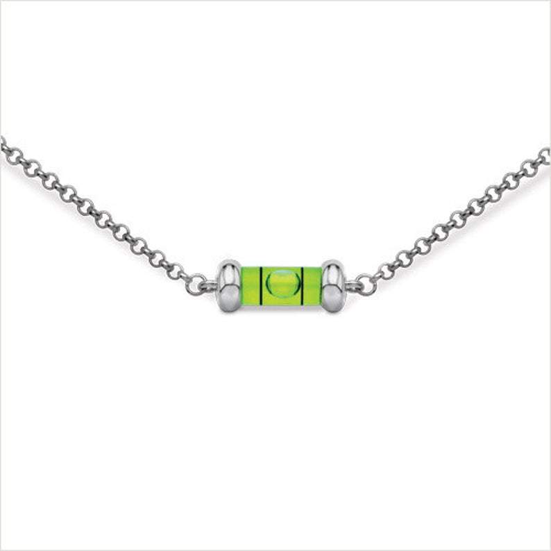Level necklace- small.  Bright green level and sterling silver. 16